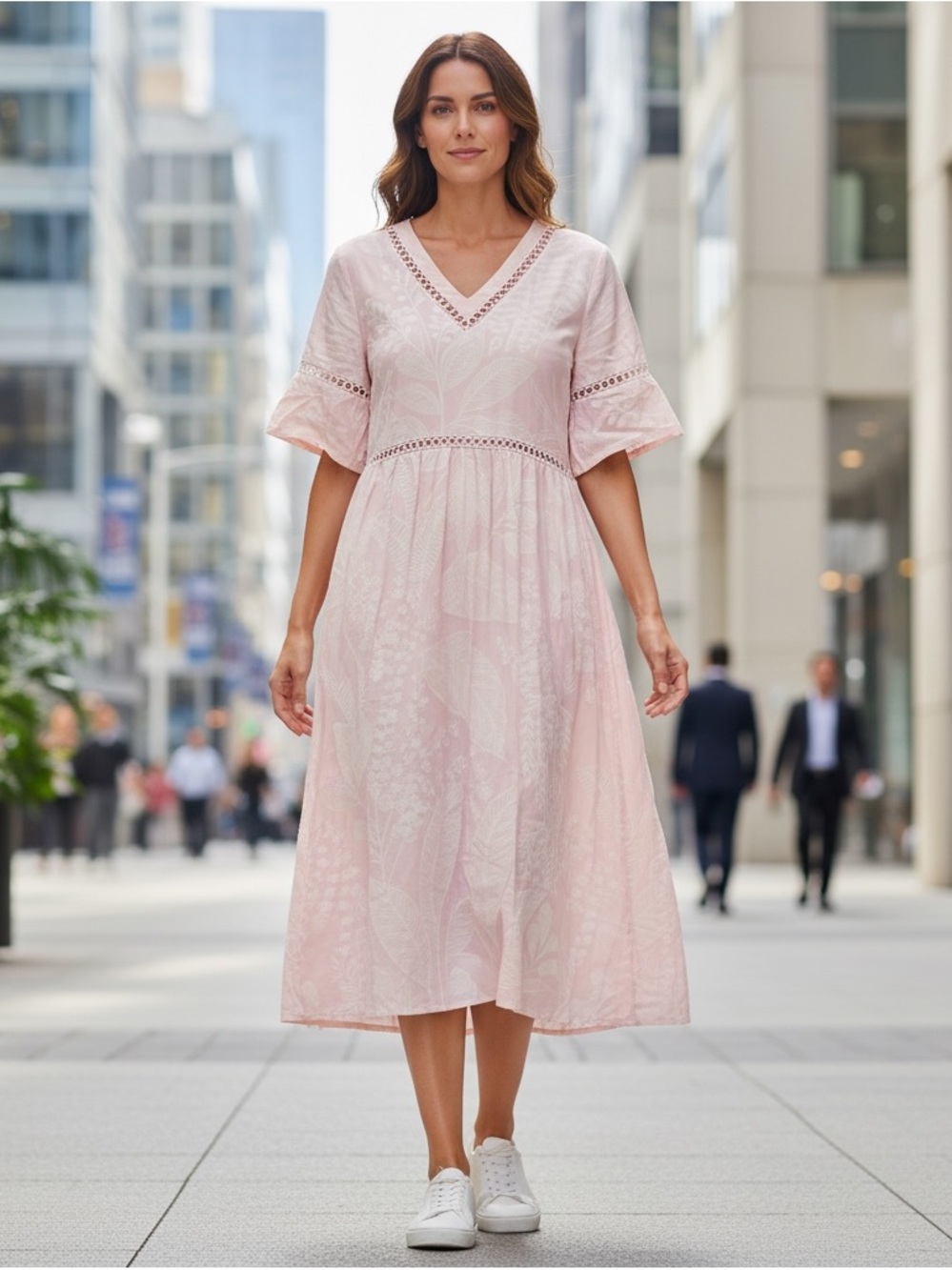 Light Pink V-Neck Midi Dress with Eyelet Trim
